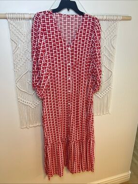 Red & White Patterned Button Front Maxi Dress
